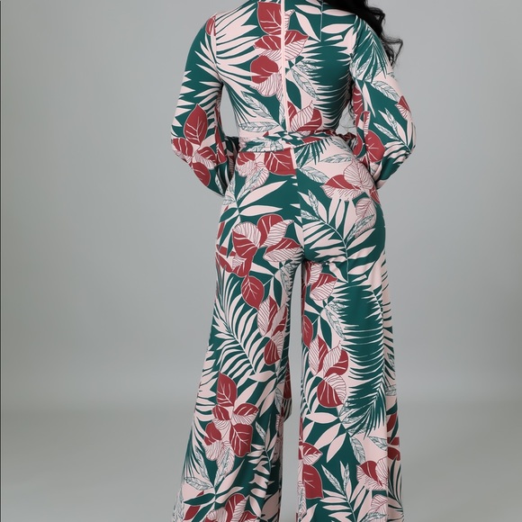 Pink and Green Long Sleeve Tropical Print Jumpsuit - Picture 3 of 10